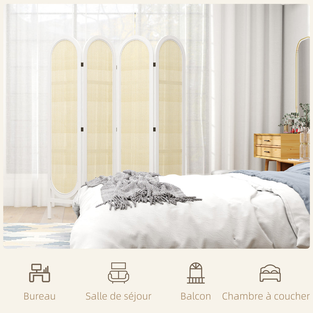 Paravent interieur en bois 4 panneaux 170 x 160 cm pliable et portable, motif tissé à la main, blanc-6
