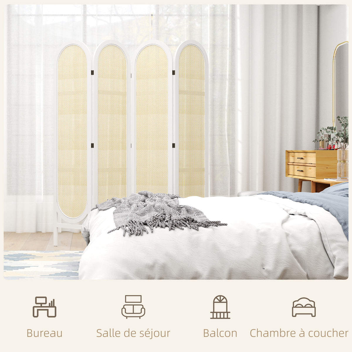 Paravent interieur en bois 4 panneaux 170 x 160 cm pliable et portable, motif tissé à la main, blanc-6