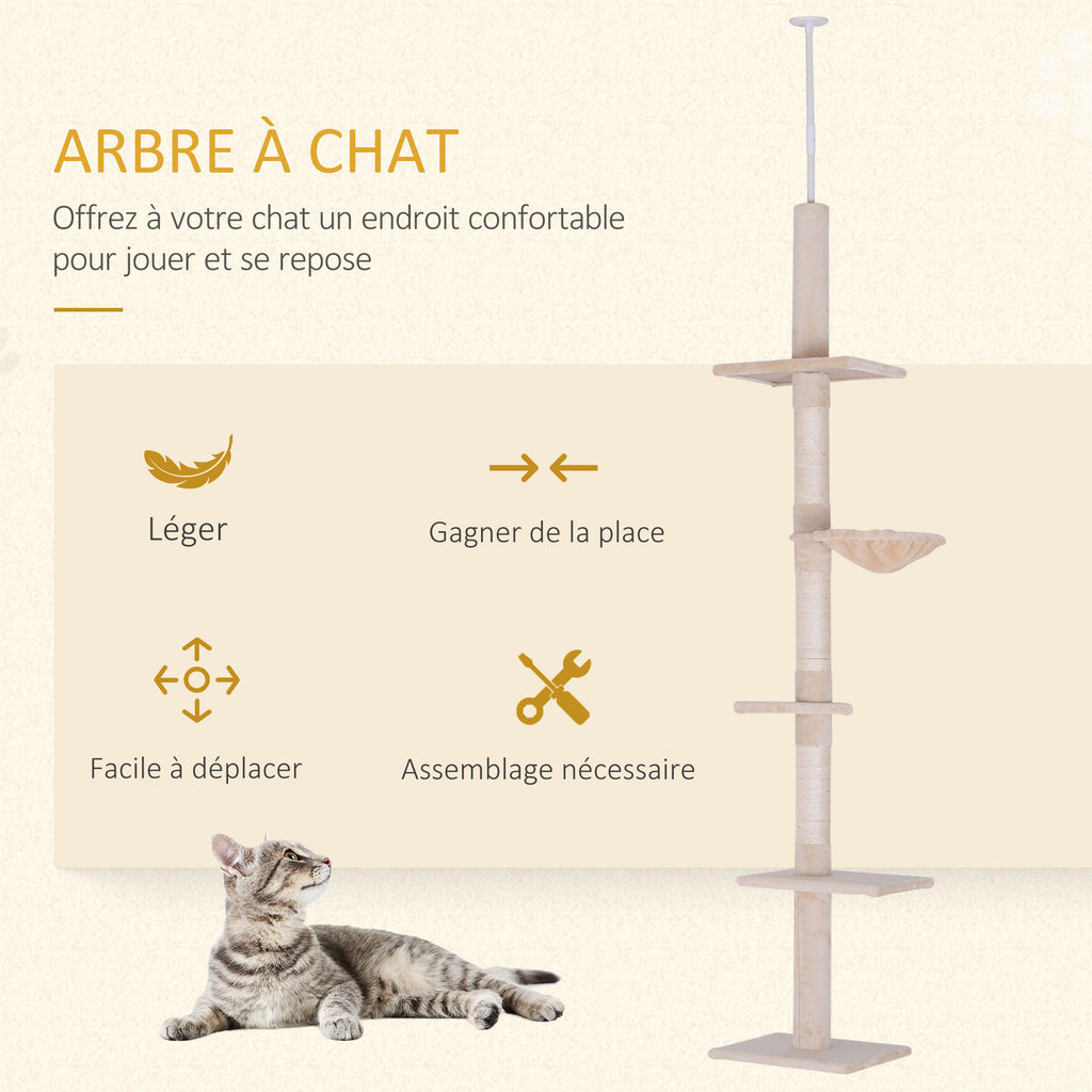 Arbre chat du sol au plafond poteau à griffer L40 x l 34 x H 230-260 cm 5 niveaux d'activités beige-3