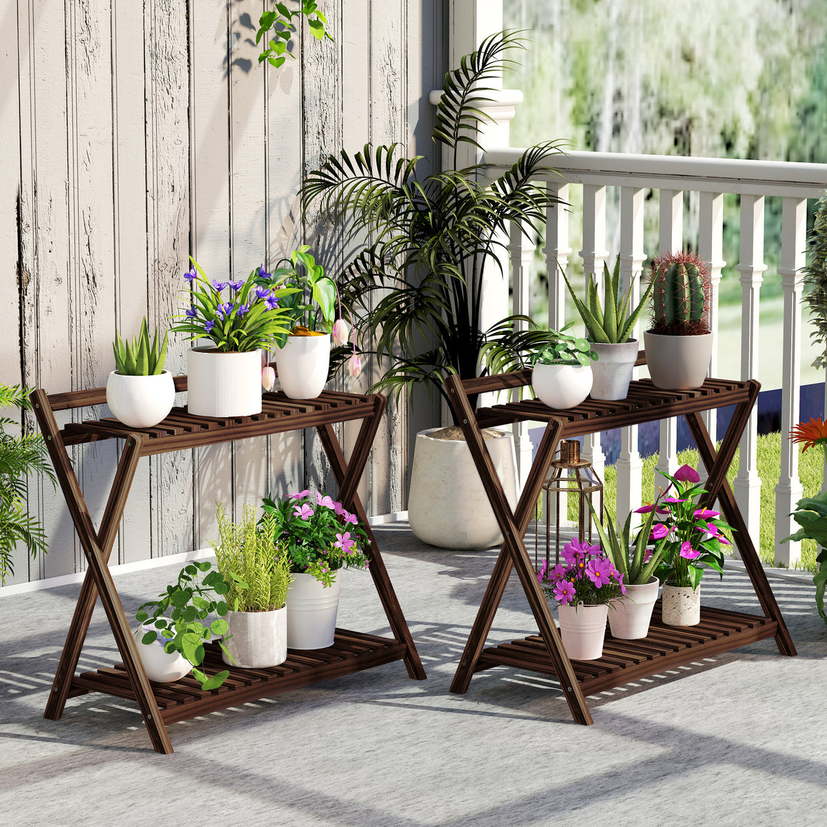 Lot de 2 support plantes intérieur 2 niveaux étagères à plants avec support arrière 73 x 36 x 64 cm marron-9