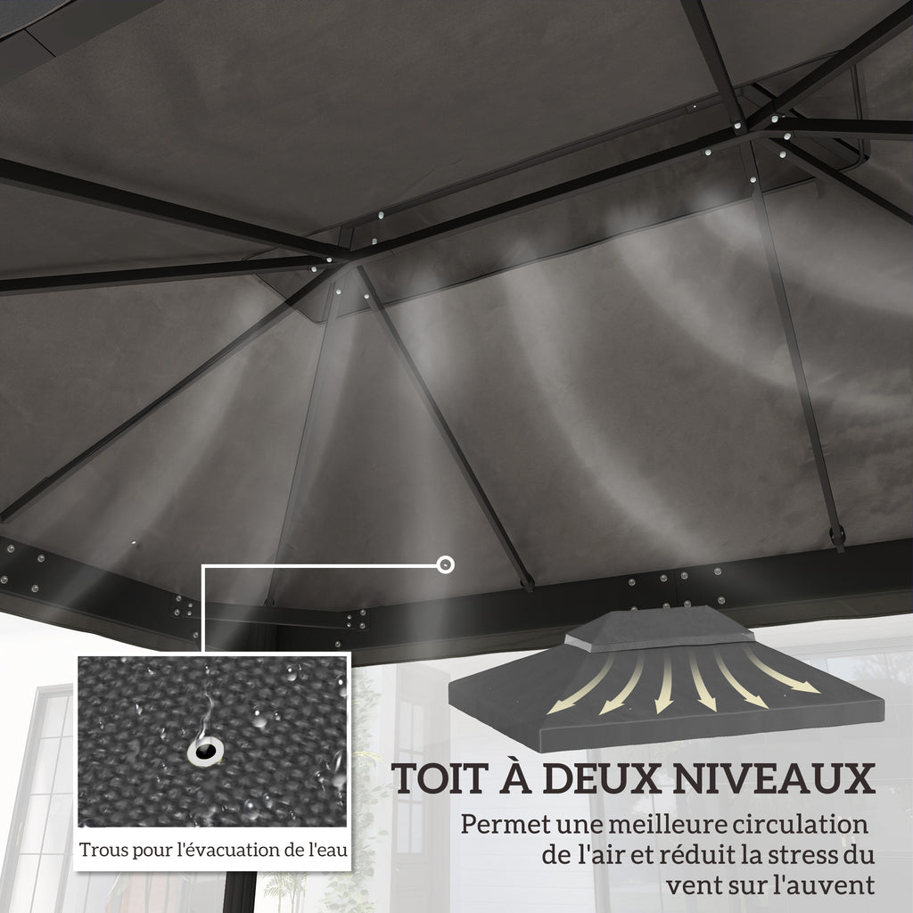 Toile de rechange pour pavillon toile de tonnelle 4 x 3 m, double toit avec trous de drainage, polyester 370 g/m², gris-3