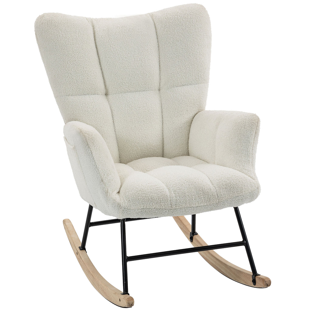 Fauteuil à Bascule, Rocking Chair en Peluche Teddy, Poches Latérales, Dossier à Oreilles Capitonné, Crème-0