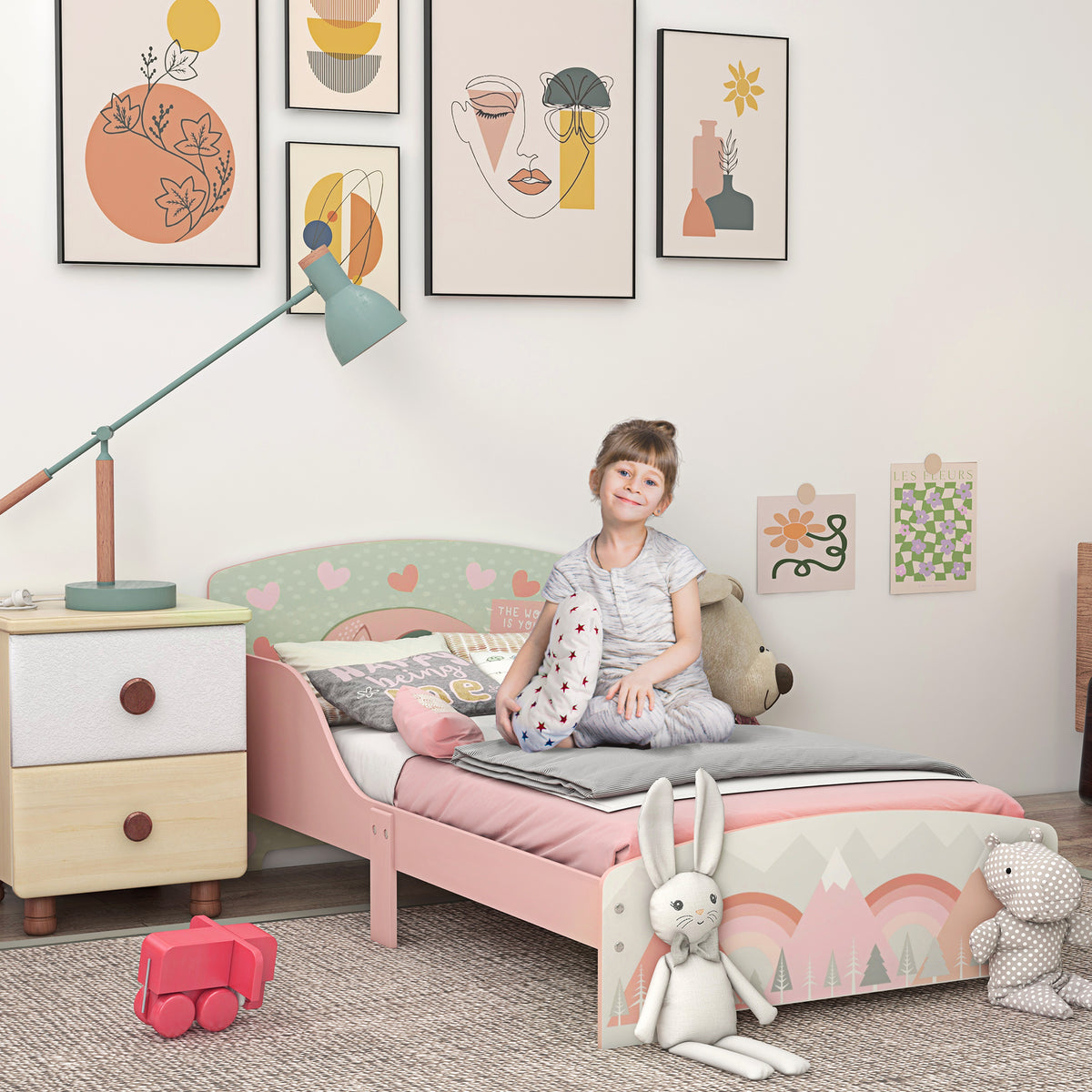 Lit pour enfant 3-6 ans avec barrières de sécurité et motifs dim. 77 x 143 x 60 cm sommier à lattes inclus - rose-1