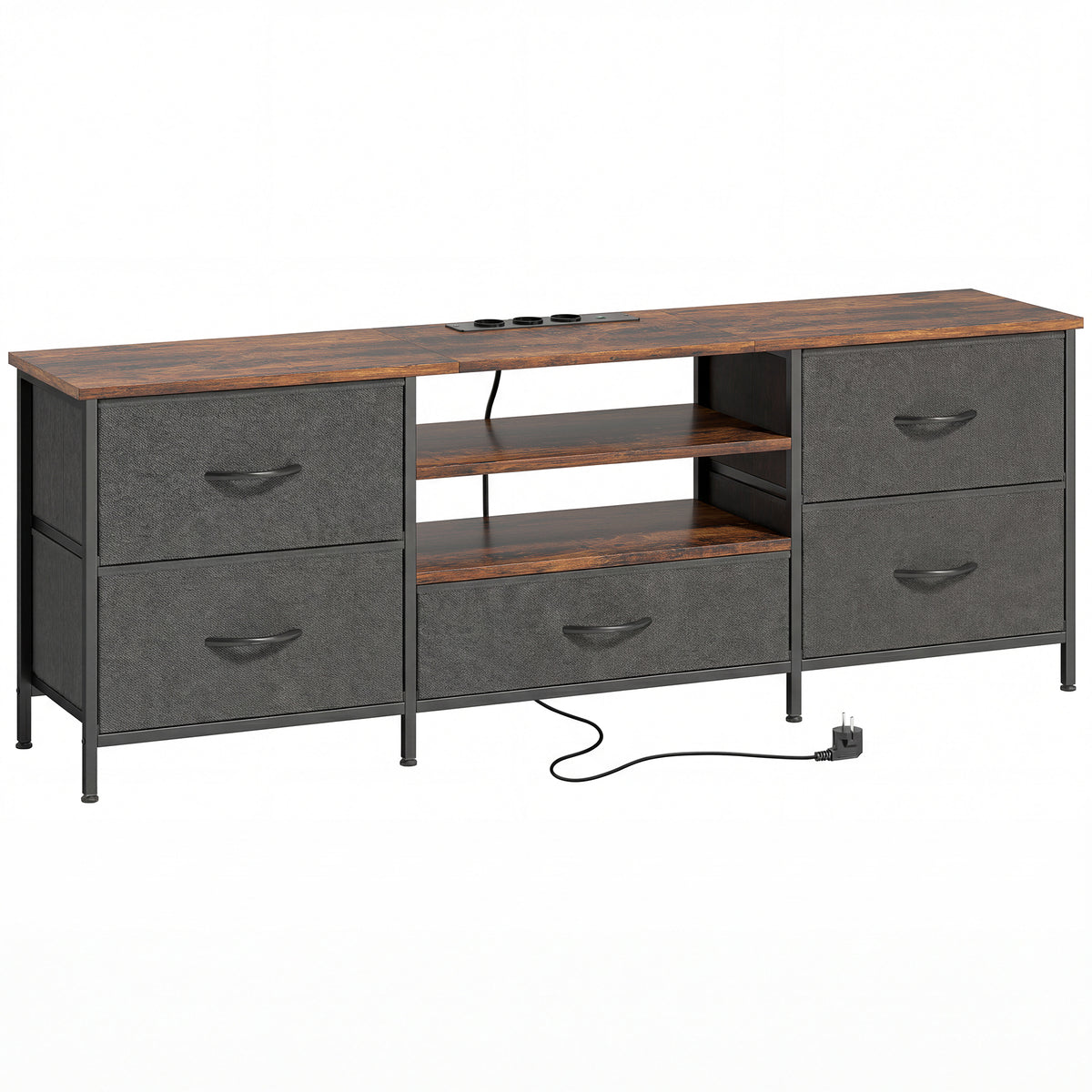 Meuble TV 140 cm, meuble télé 65 pouces, station de charge, 5 tiroirs en tissu, étagères ouvertes, 140x30x50cm, marron-0