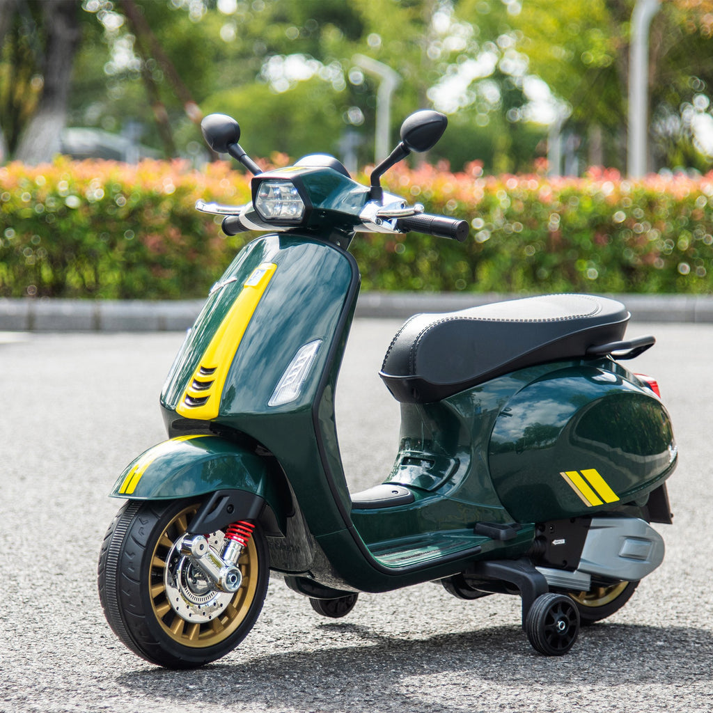 Scooter électrique enfant Vespa 6 V dim. 107L x 47l x 73H cm Musique MP3 Port USB Phare 2 roues d'entraînement - Vert-9
