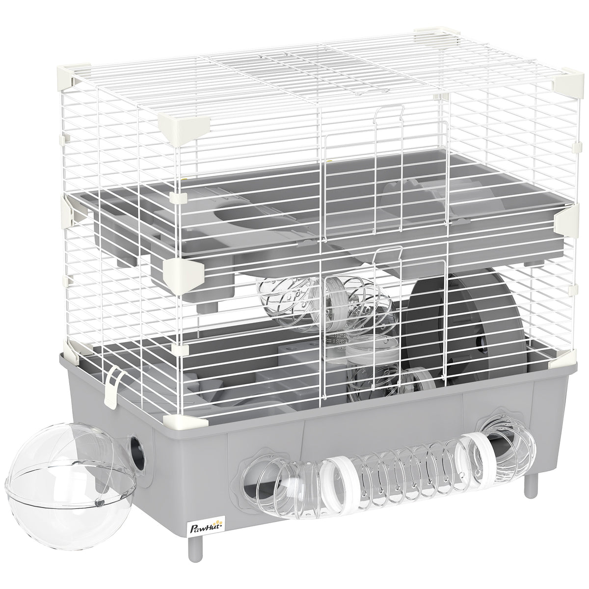 Cage pour hamster  à 2 niveaux avec roue de course salle de bain en sable pour hamster nain 44,5 x 28 x 44 cm gris-0