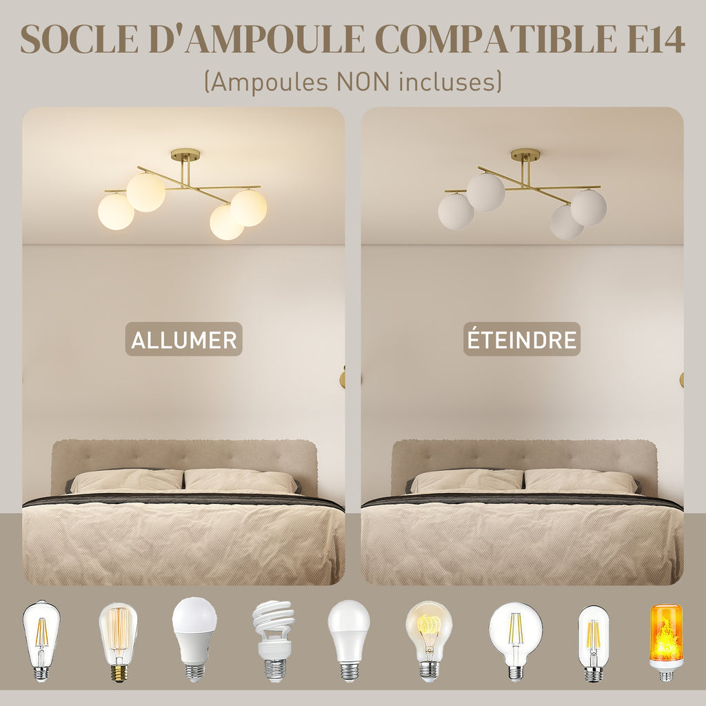 Plafonnier lustre moderne à 4 lumières avec culot E14, montage semi-affleurant, doré et crème-4