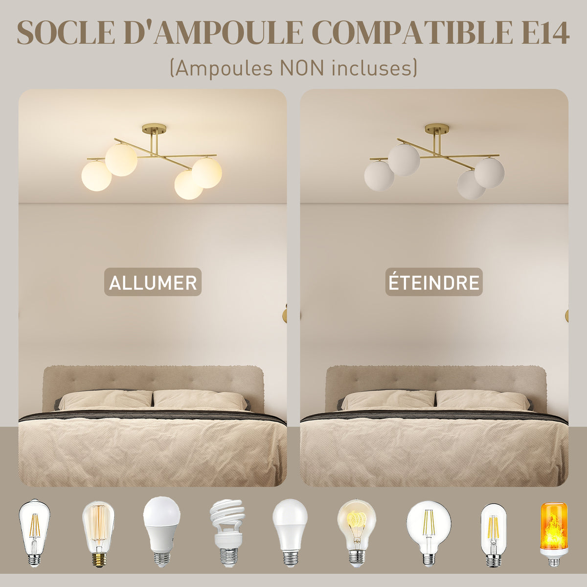Plafonnier lustre moderne à 4 lumières avec culot E14, montage semi-affleurant, doré et crème-4