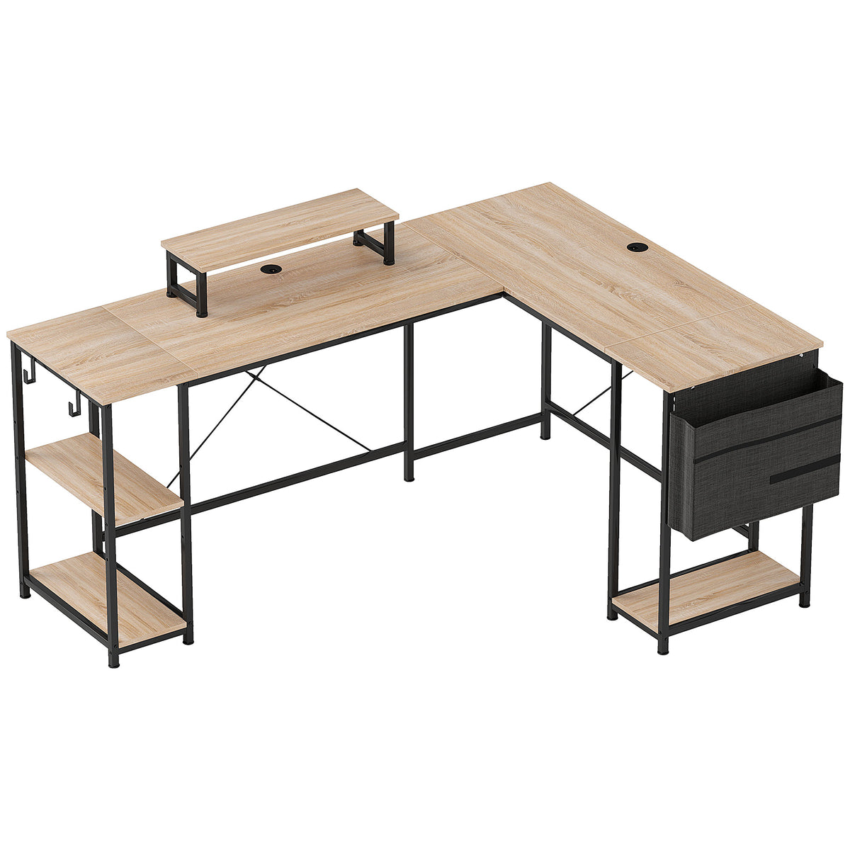 Bureau d'angle modulable réversible 168-240 cm style industriel - étagère réglable, sac de rangement, support d'écran-0