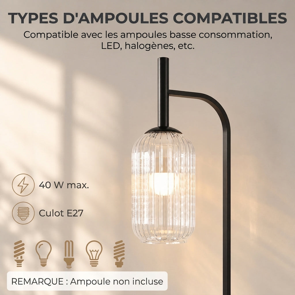 Lampadaire sur pied salon lampe sur pied avec abat-jour en verre texturé interrupteur à pied 29 x 25 x 152 cm métal noir-5