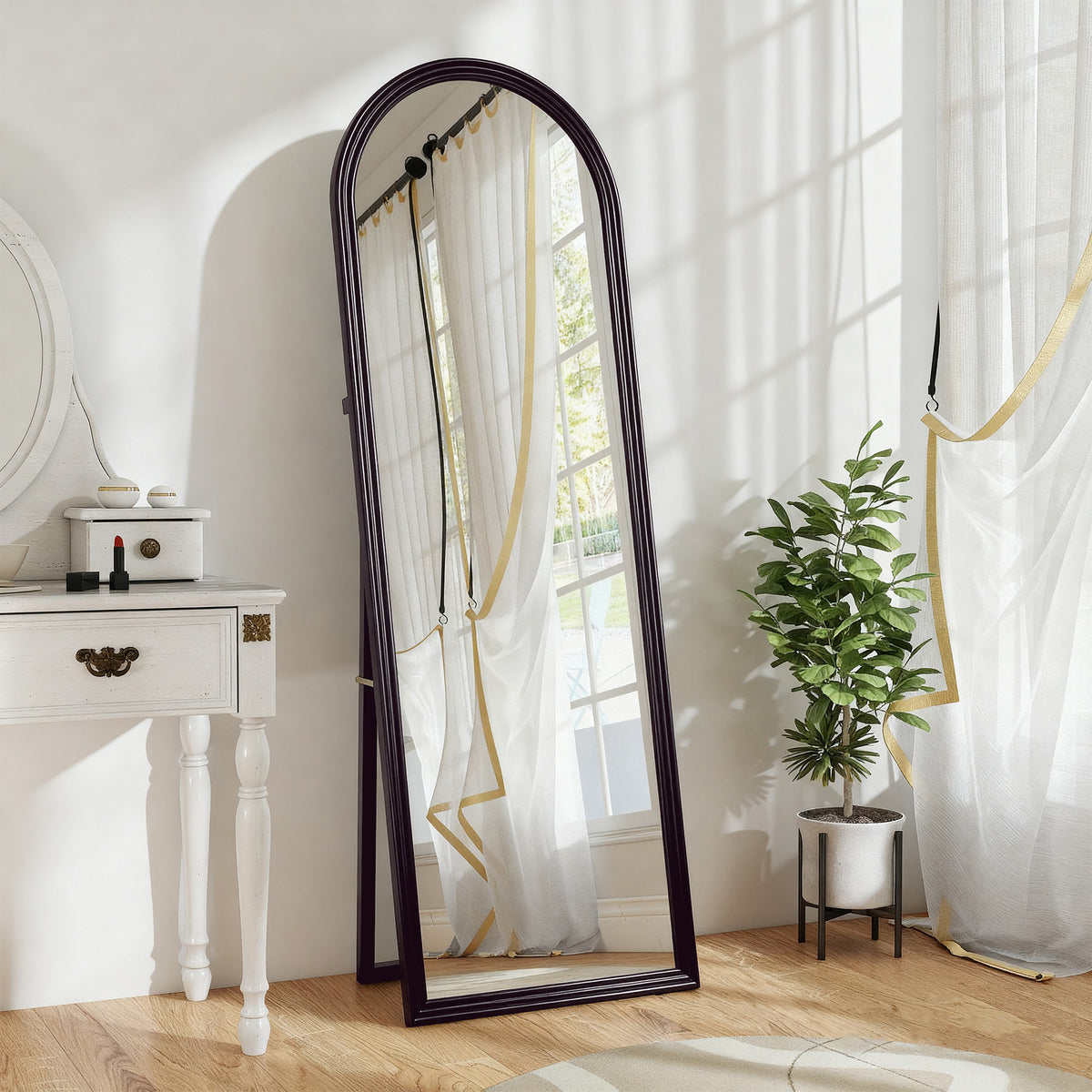 Miroir de sol arqué pleine longueur miroir sur pied cadre en effet imitation pierre pour salon chambre 53x163cm marron-1