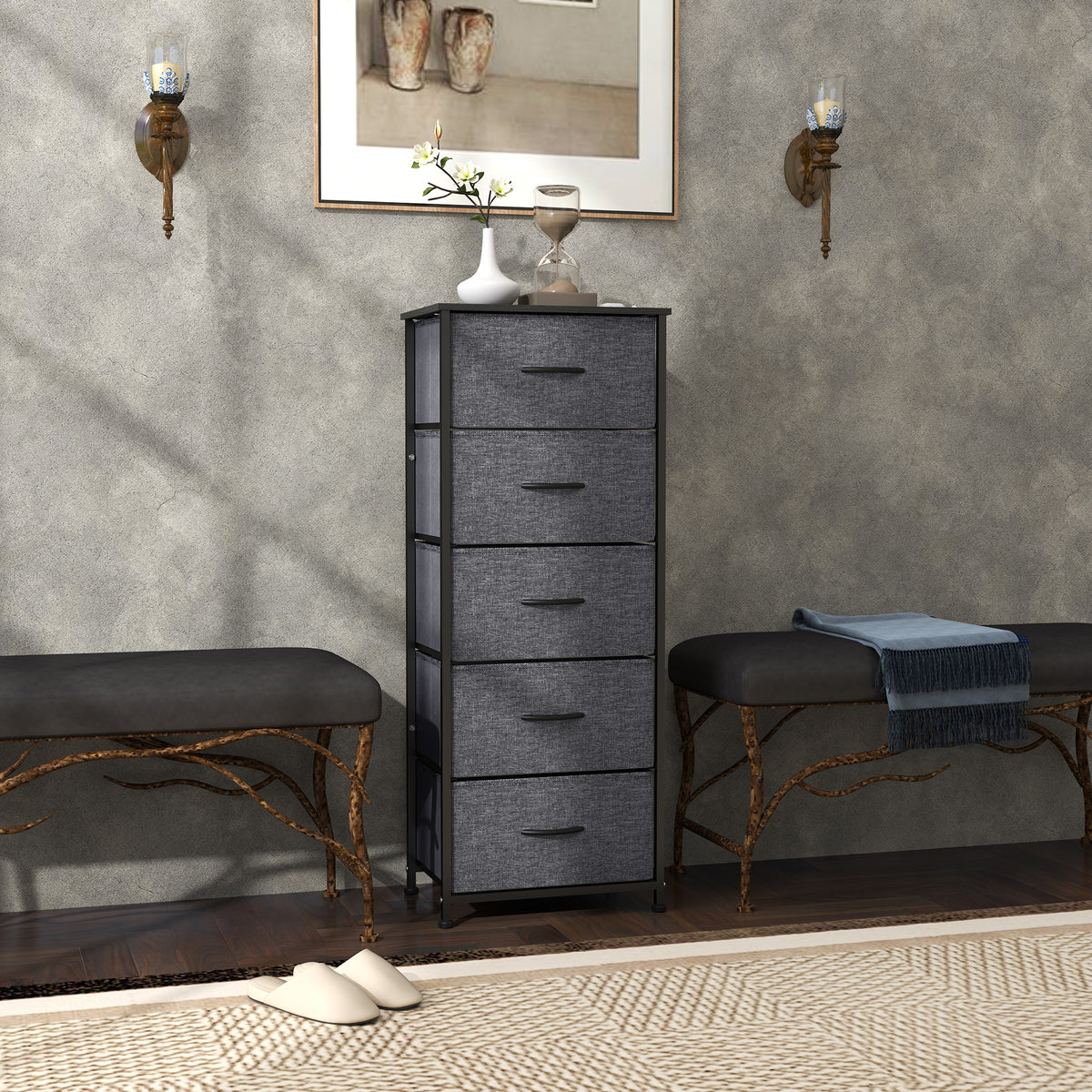 Commode 5 tiroirs meuble de rangement tiroir en tissu pliant - structure acier noir - 45 x 30 x 116 cm gris foncé-1