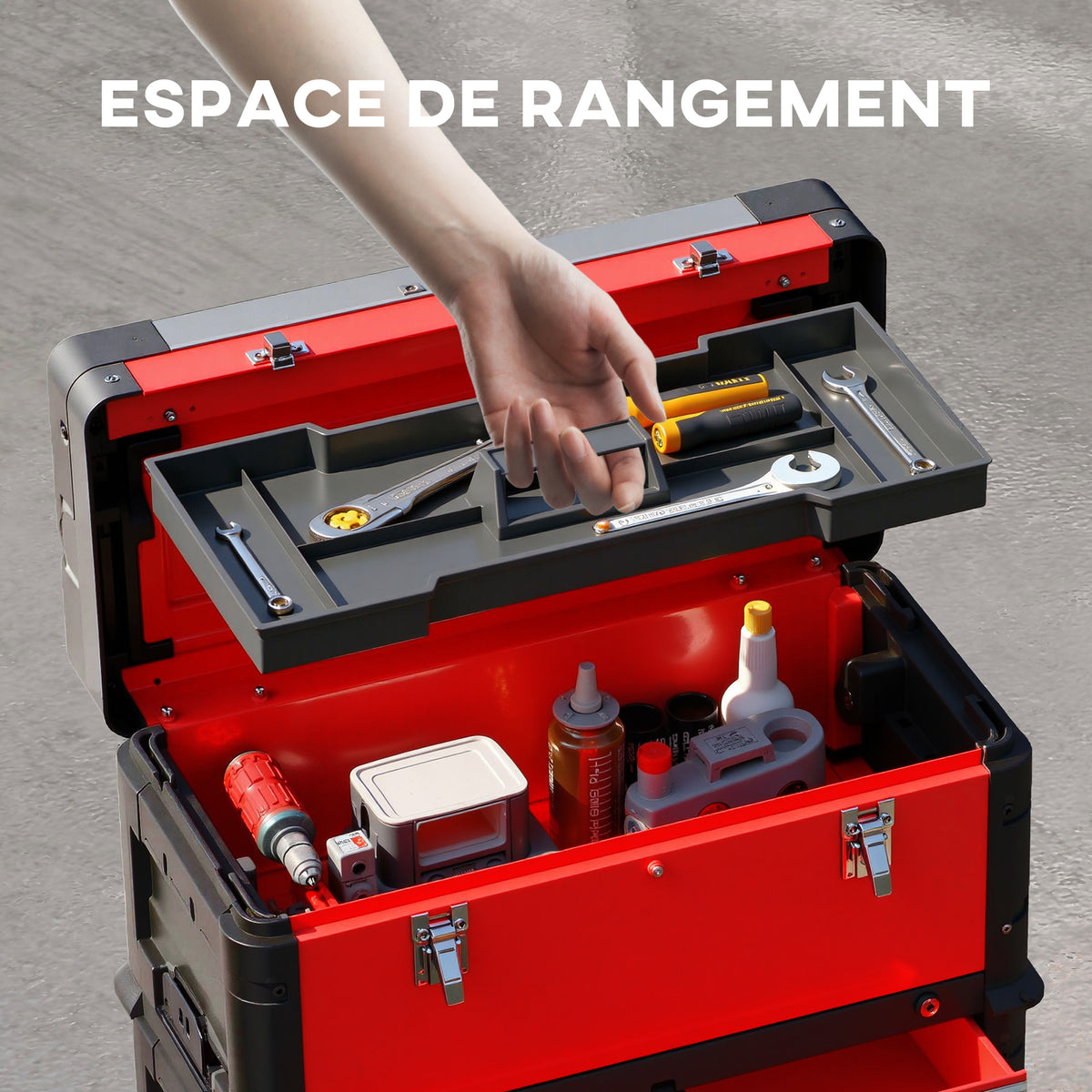 Lot de 3 boîtes à outils sur roulettes empilables et modulaires en acier avec plateau, poignées et serrure, rouge-4