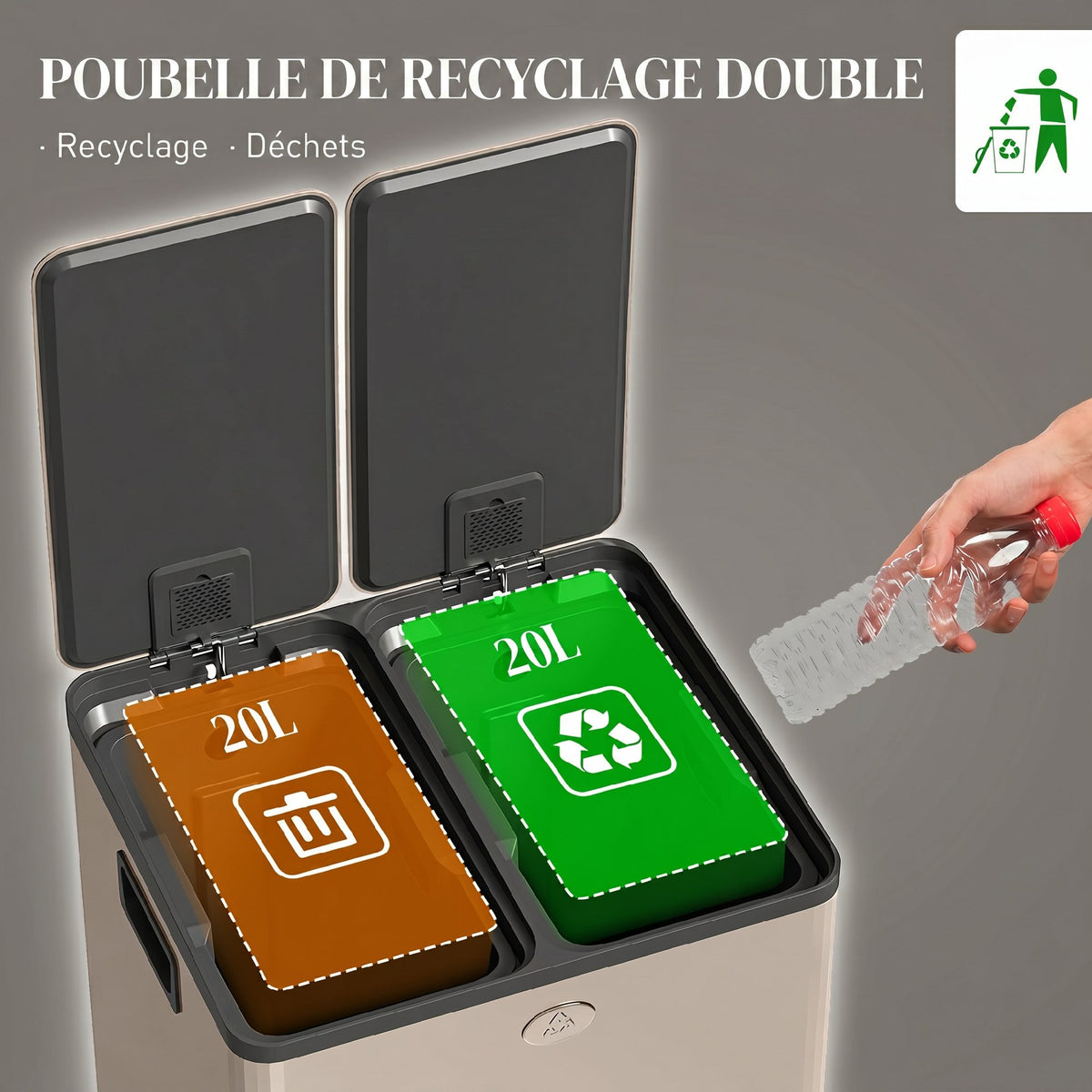 Poubelle de cuisine 2 compartiments de 2 x 20L, acier inoxydable, couvercle à fermeture douce, 45,8x36x51,6cm, or-3