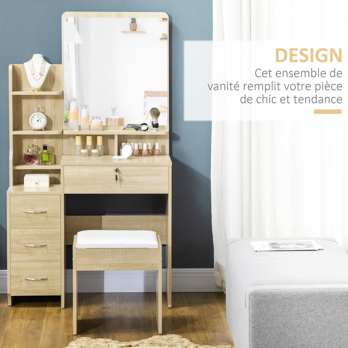 Ensemble de coiffeuse table de maquillage avec tabouret rembourré grand miroir + plusieurs étagères ouvertes + 4 tiroirs bois naturel-3