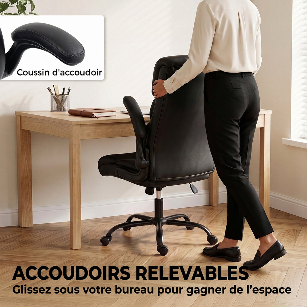 Chaise Bureau Ergonomique avec Accoudoirs Relevables, Fauteuil de Bureau en PU, Hauteur Réglable, Fonction Bascule, Noir-6