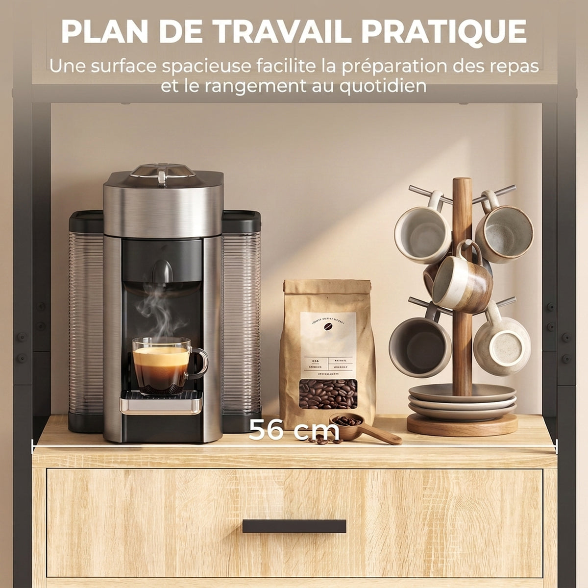 Buffet Haut Cuisine, Armoire de Cuisine, 4 Portes à Fermeture Douce, Tiroir, Plan de Travail, 60x30x170cm, Bois Naturel-4