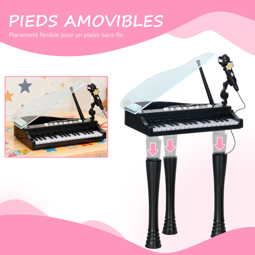Piano enfant électronique 32 touches multifonctions avec micro haut parleur tabouret couvercle lumineux LED noir-5