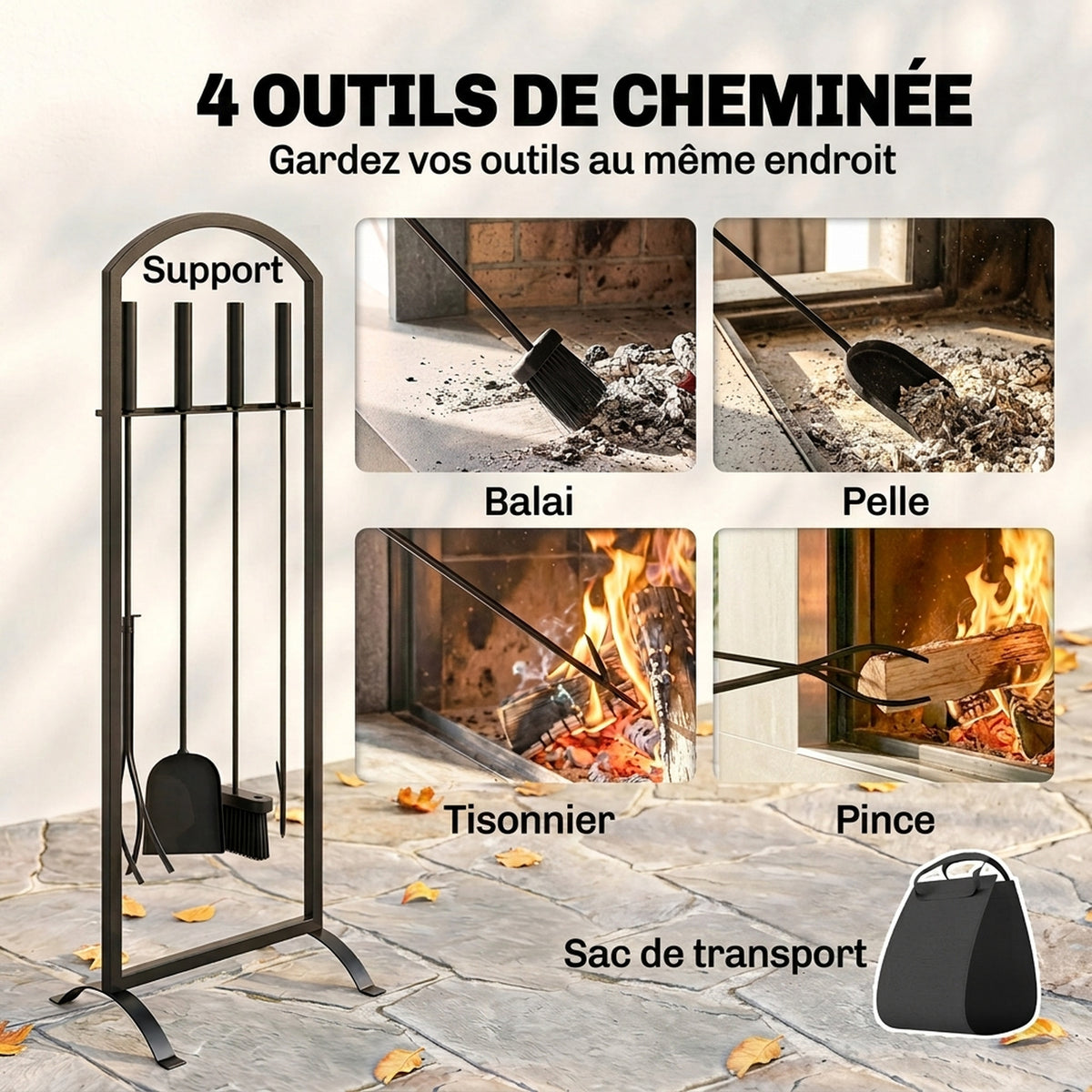 Serviteur de Cheminée 6 Pièces avec Sac à Bûches, Brosse, Pelle, Tisonnier, Pince et Support, 30 x 22 x 86 cm, Noir-3