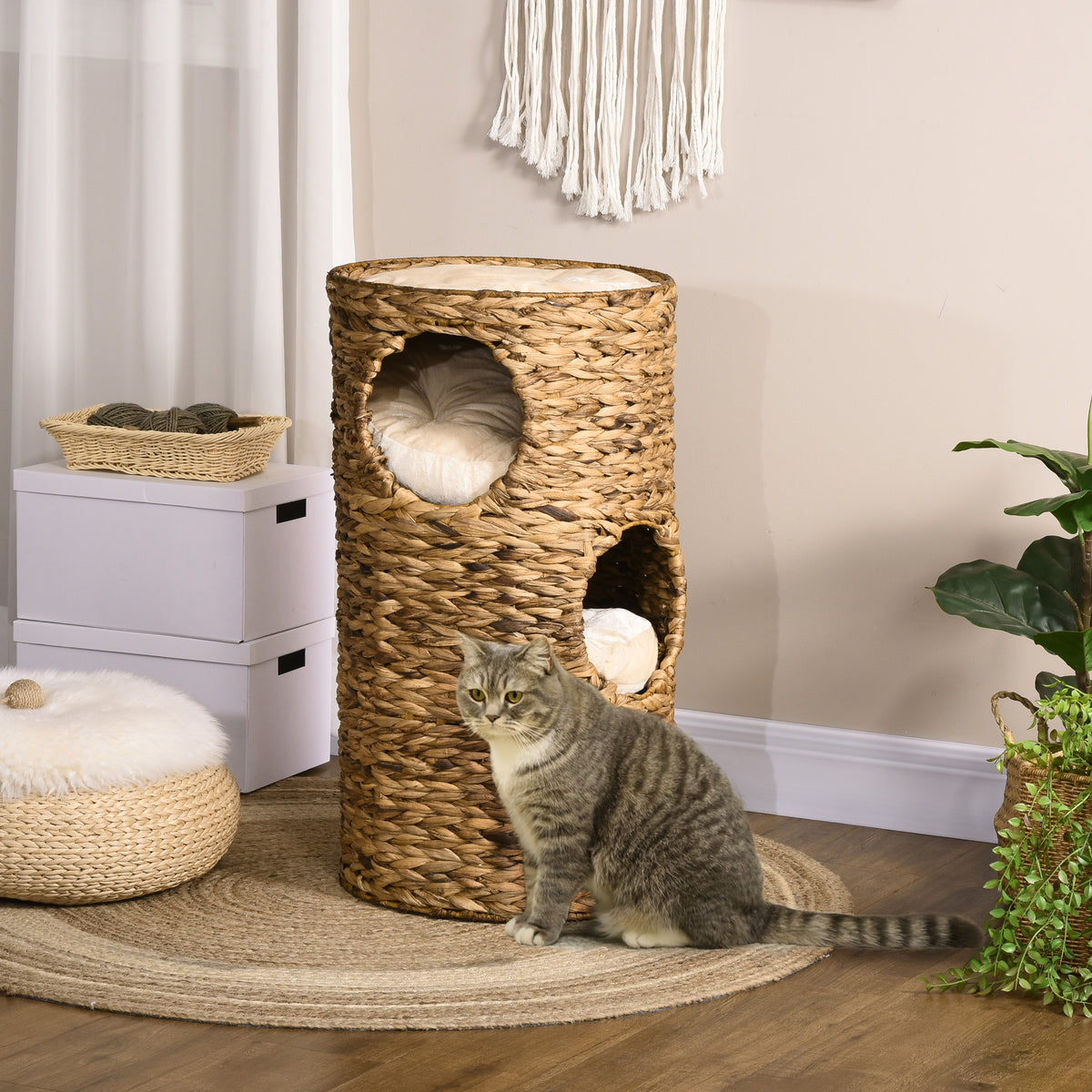 Tonneau à Gratter pour Chat 3 Niveaux, Coussins, Tressage en Jacinthe d'Eau, Cadre en Acier, Ø 40 x 73 cm, Marron Clair-9