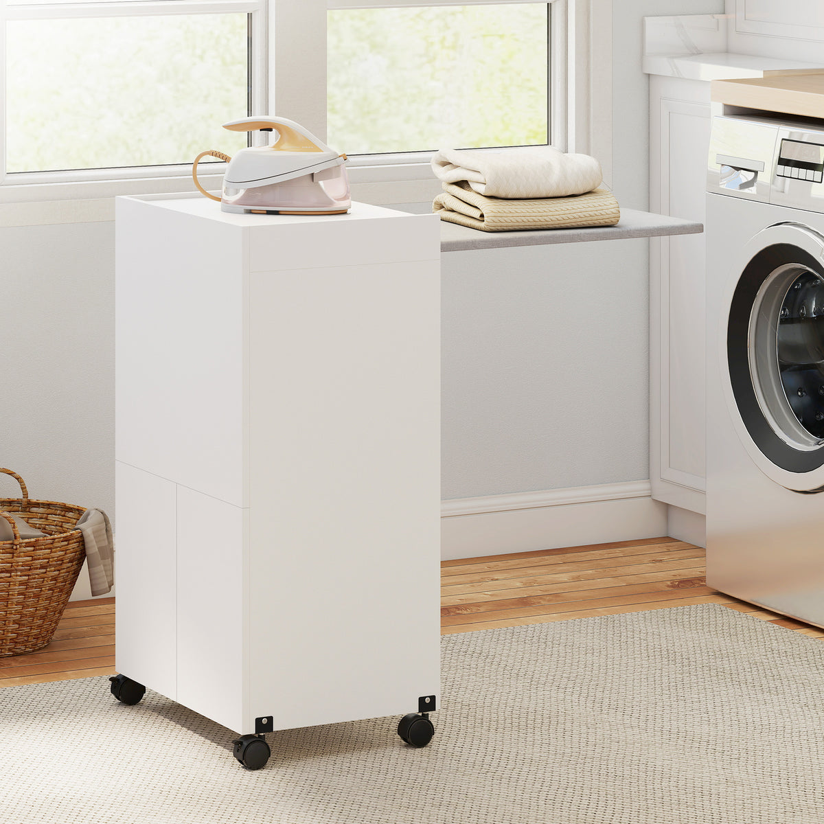 Meuble à repasser, table à repasser pliante sur roulettes avec portes par pression, charnières à fermeture douce, blanc-1