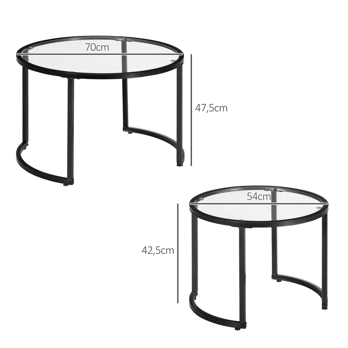 Lot de 2 tables basses gigognes rondes plateau verre trempé et pied en acier au carbone noir-2