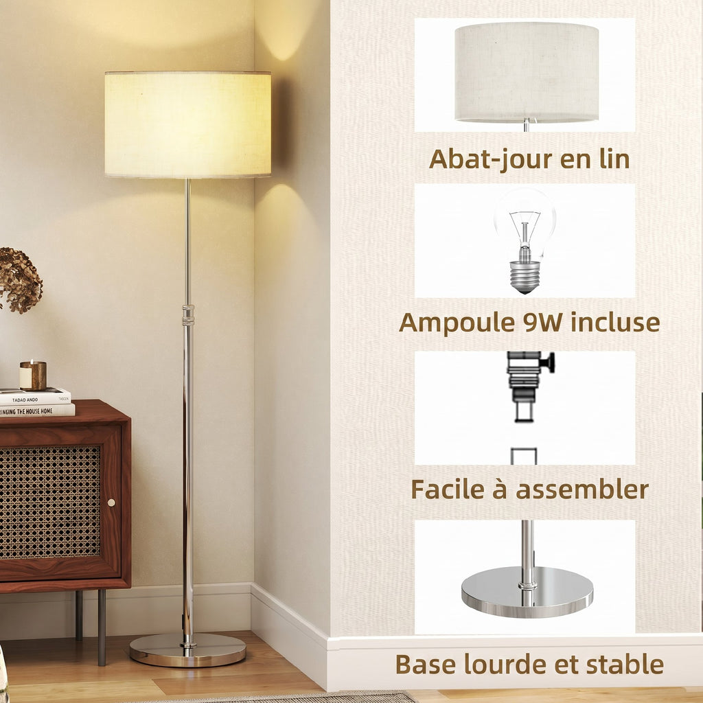 Lampadaire sur pied salon, lampe sur pied dimmable avec télécommande, abat-jour en lin, hauteur réglable 133-168cm, argent-6