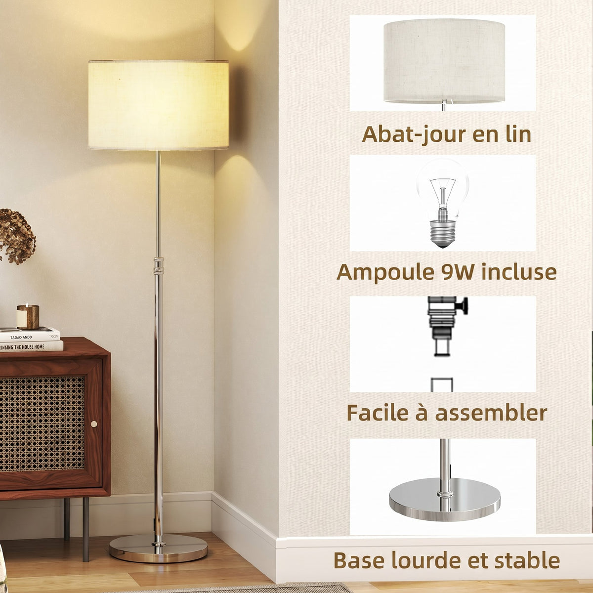 Lampadaire sur pied salon, lampe sur pied dimmable avec télécommande, abat-jour en lin, hauteur réglable 133-168cm, argent-6