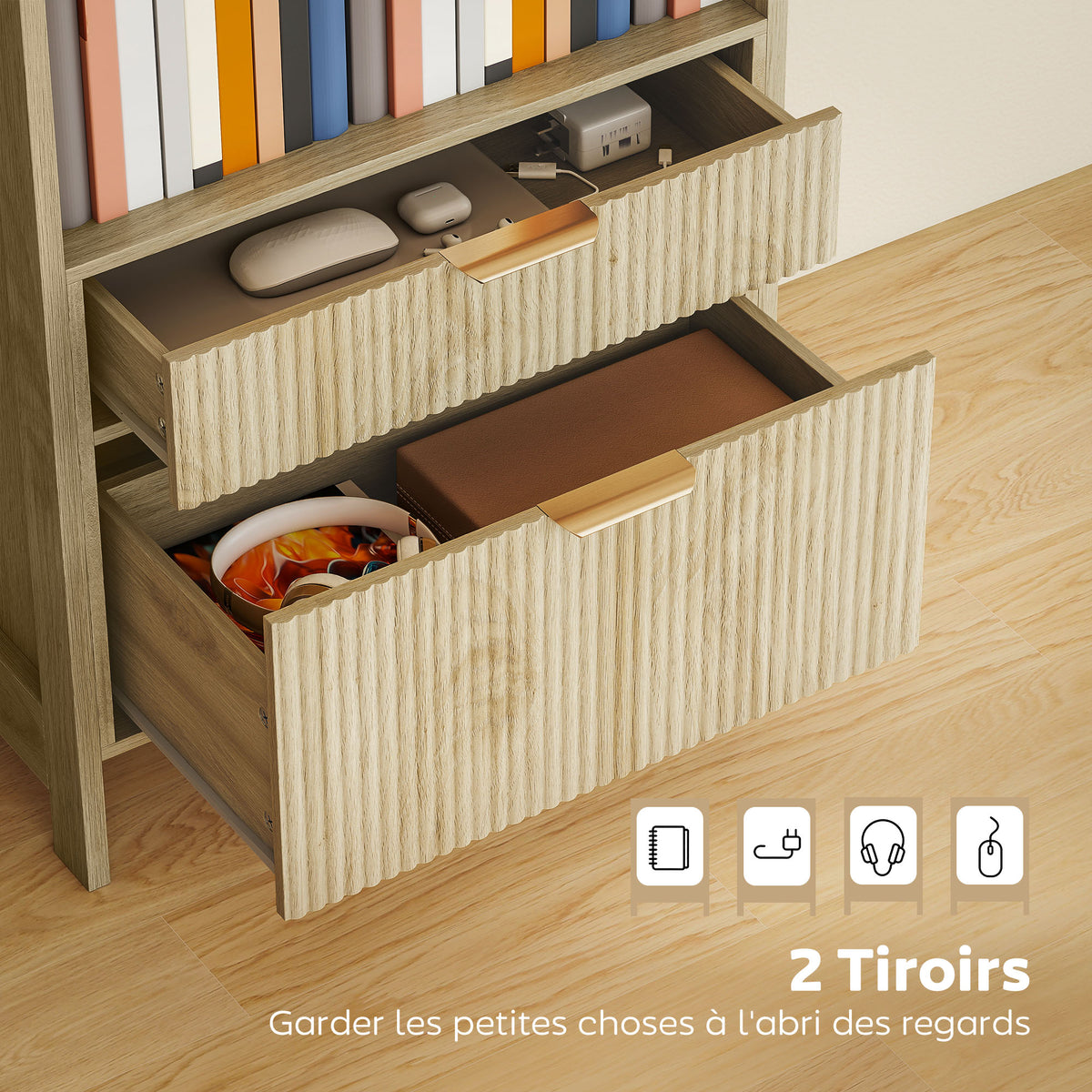 Bibliothèque haute, meuble de rangement avec 4 étagères ouvertes et 2 tiroirs cannelés, 60 x 30 x 160 cm, bois naturel-5