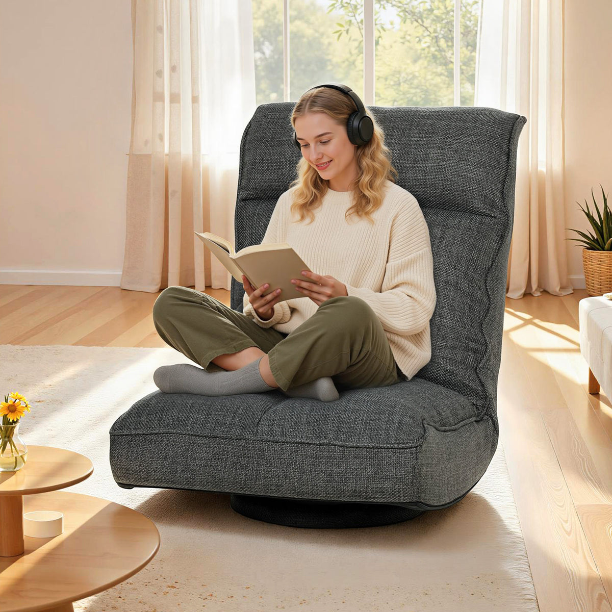 Fauteuil de sol pliable pivotant à 360°, chaise de sol rembourré avec dossier réglable en 5 positions, 58x107x79cm, gris-7