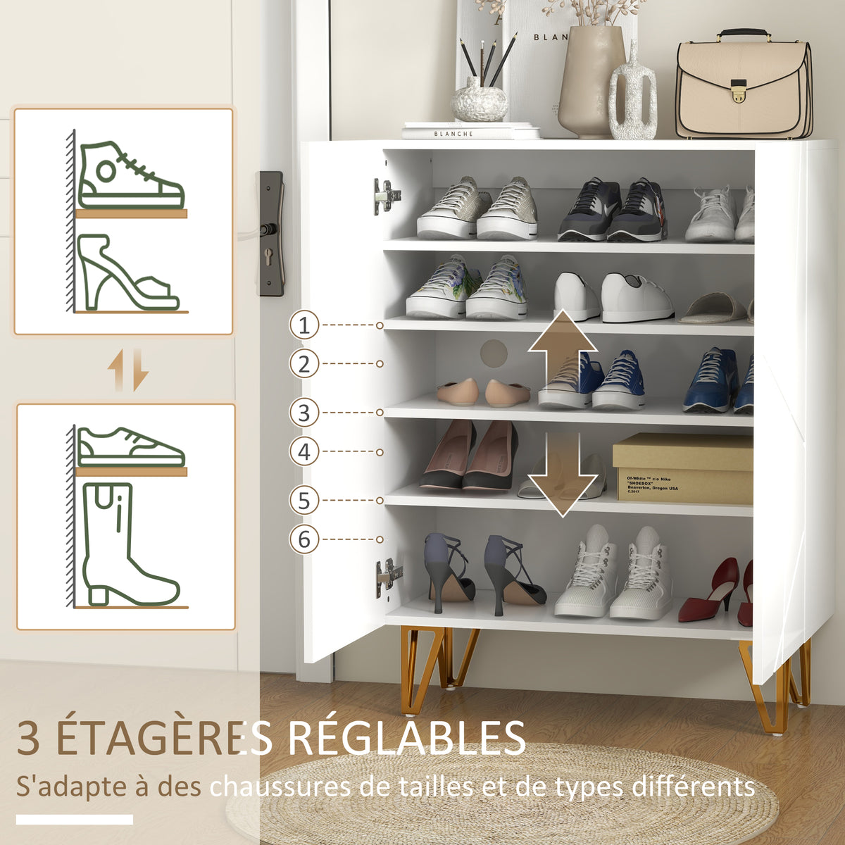 Meuble à chaussures meuble de rangement à chaussures 2 portes étagères réglables 72 x 31,5 x 95 cm blanc laqué-3