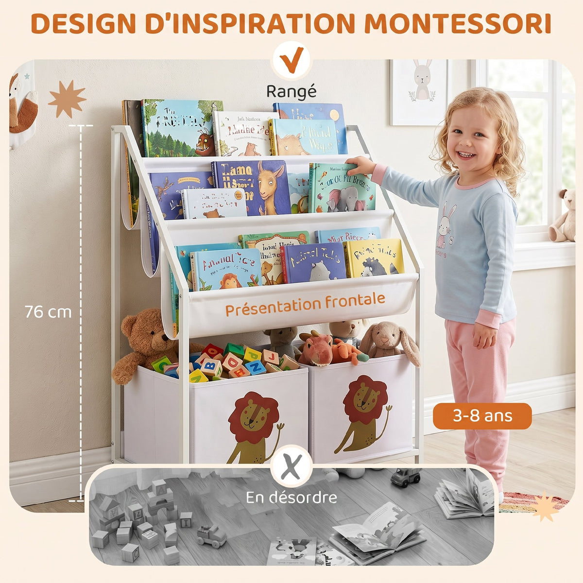 Bibliothèque pour Enfants à 4 Niveaux, Étagère à Livres pour Enfants avec Porte-Livres et Tiroir en Tissu, Blanc-4
