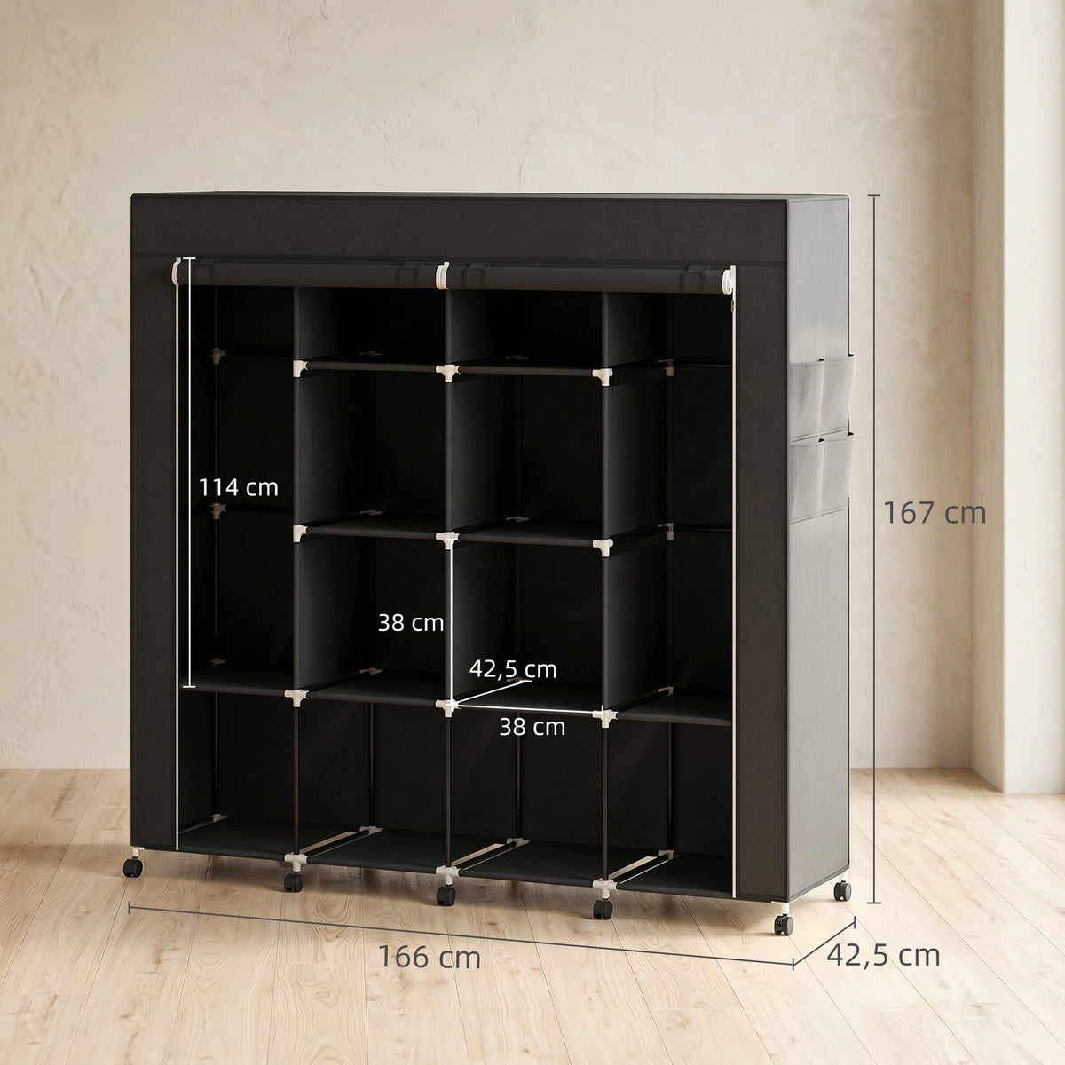 Armoire penderie en tissu, meuble de rangement mobile 10 roulettes avec 10 compartiments, barres de suspension, noir-2
