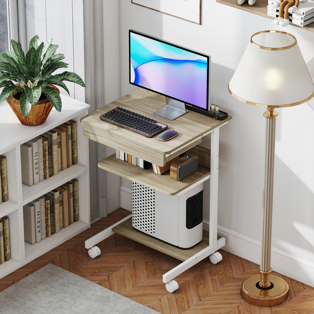 Bureau d'ordinateur sur roues, bureau avec rangement 56 x 51 cm avec tiroir, compartiment et support CPU, chêne-8