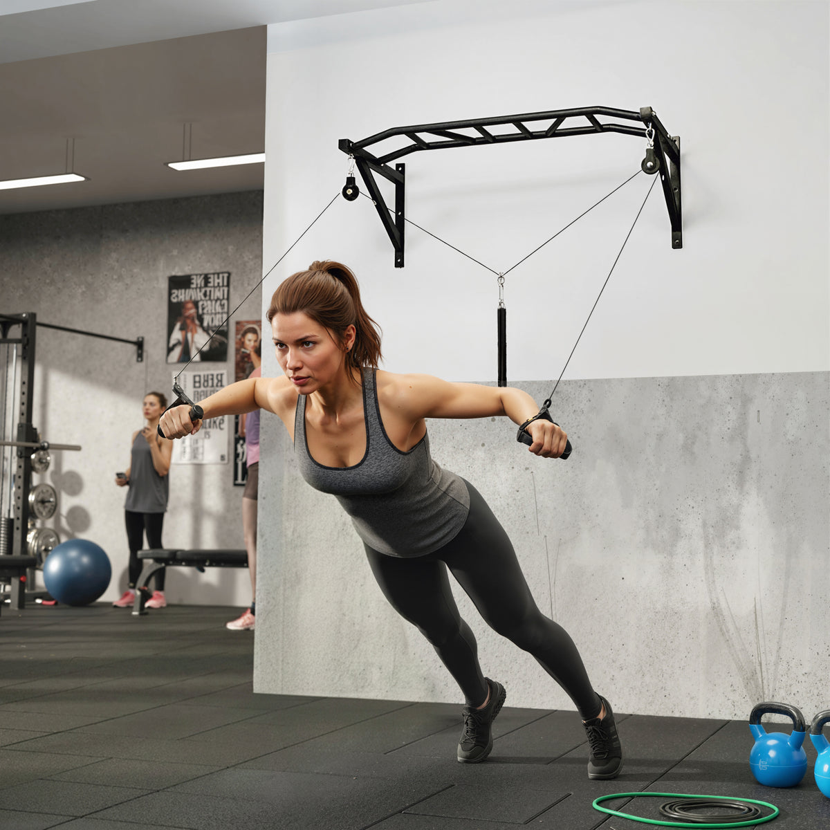 Barre de traction murale barre de fitness multi-prise système de poulie à câble charge 200kg, acier 126x60x45,5cm, noir-7