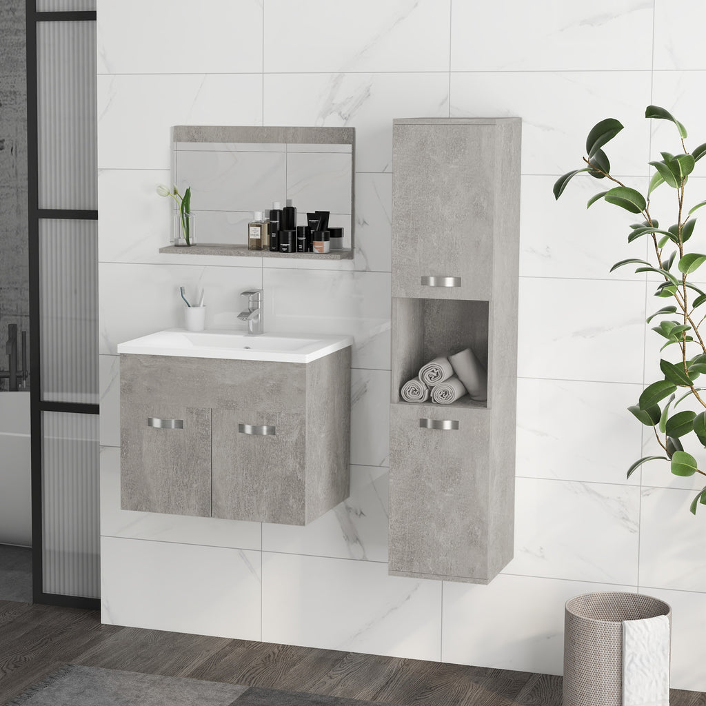 Ensemble de Meubles de Salle de Bain 4 Pièces, Mural, avec Miroir, Meuble sous Vasque, Lavabo et Armoire Haute, gris-9
