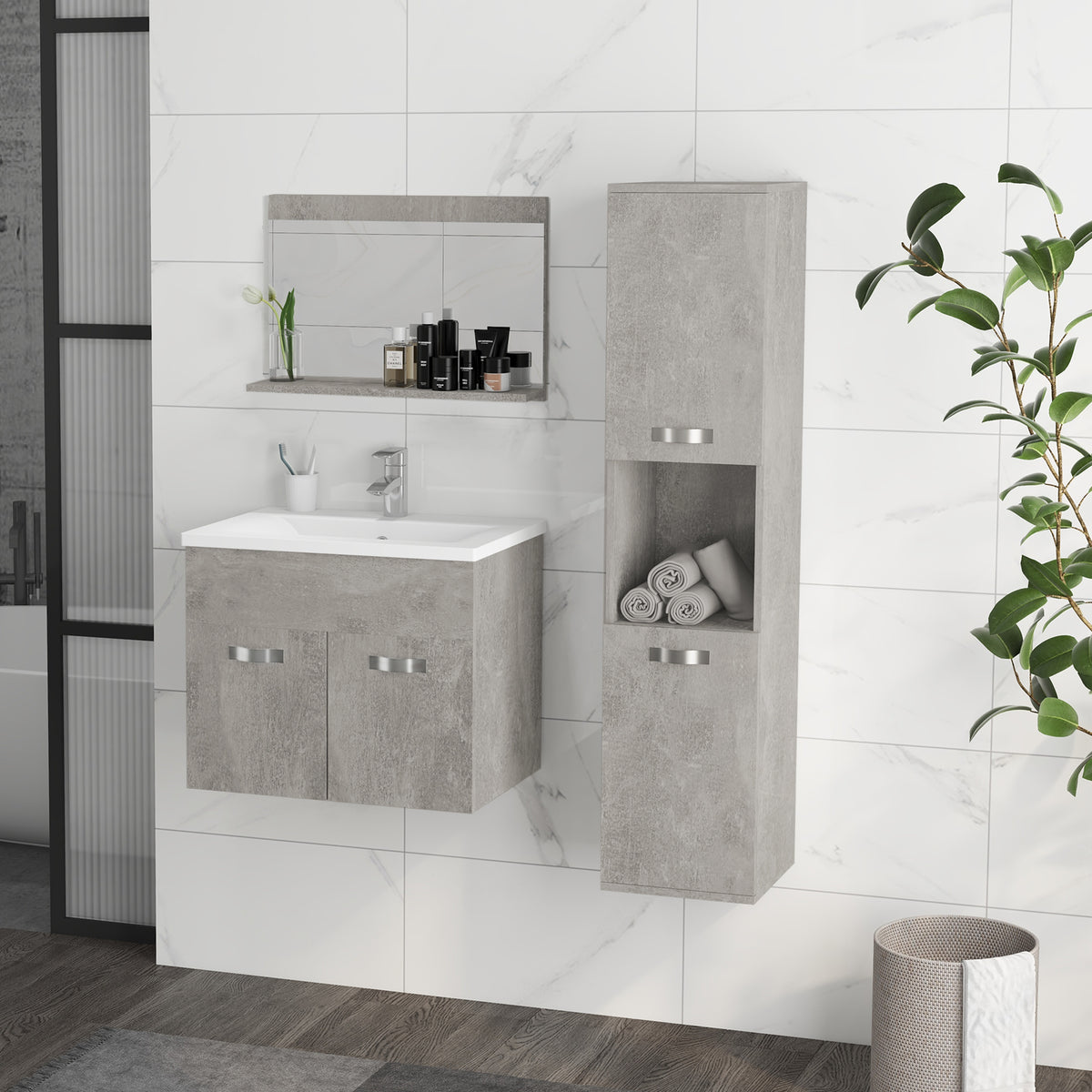 Ensemble de Meubles de Salle de Bain 4 Pièces, Mural, avec Miroir, Meuble sous Vasque, Lavabo et Armoire Haute, gris-9
