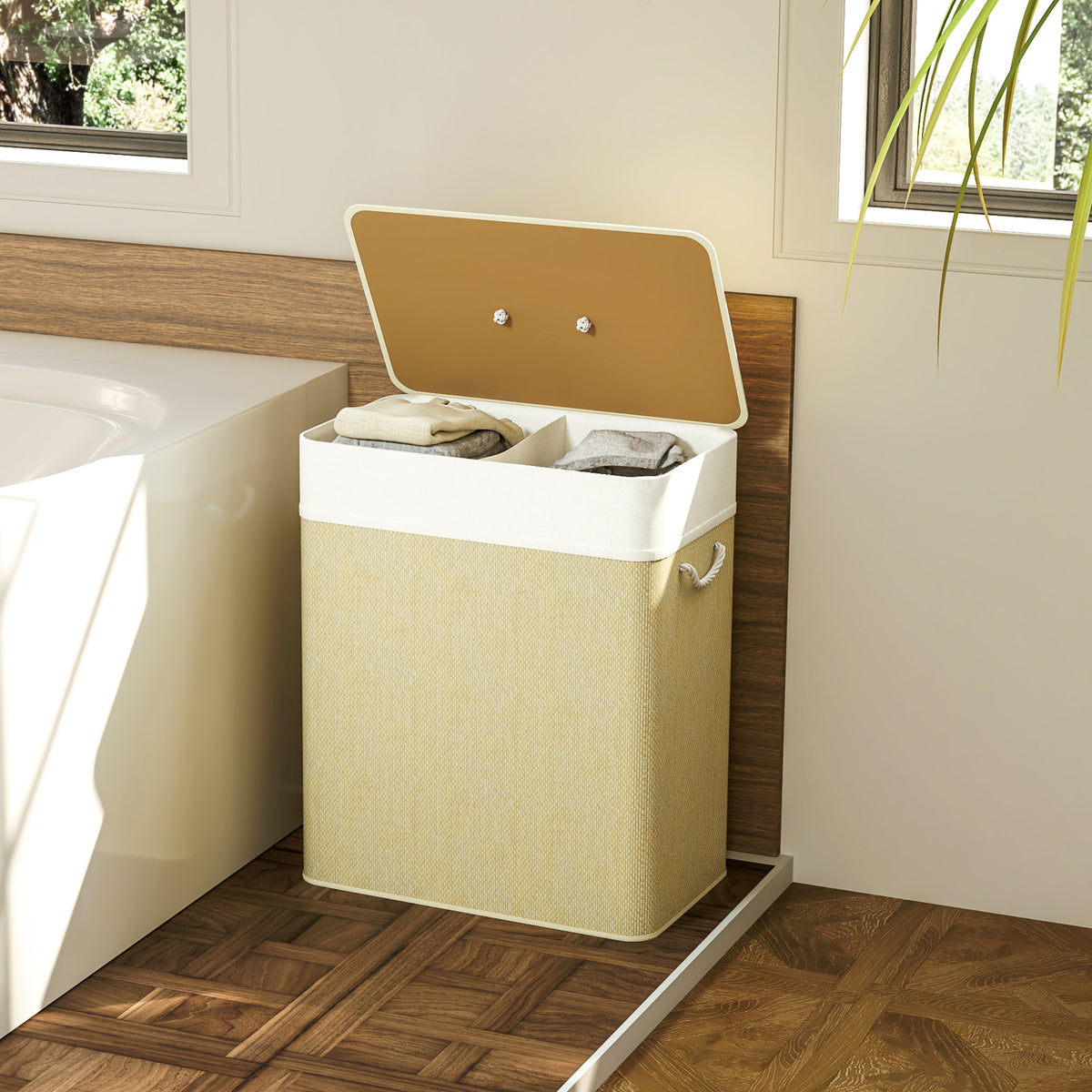 Panier à linge double avec couvercle, panier à linge en bambou 100 L avec poignées en corde-6
