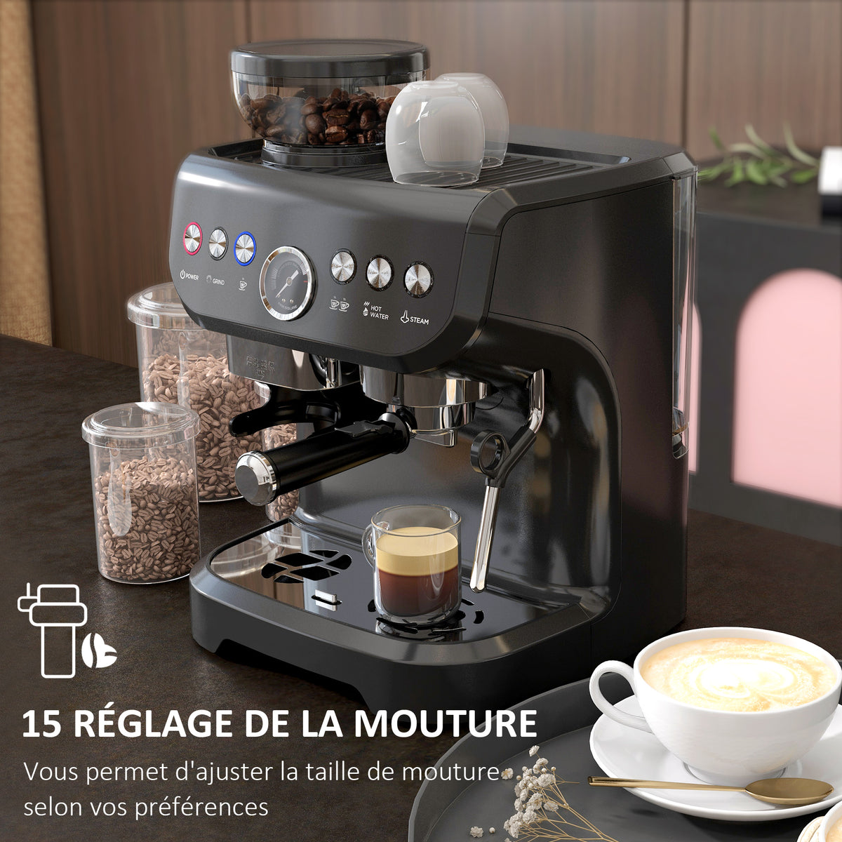 Machine à expresso 1600W avec moulin à grains, buse vapeur, pompe italienne 15 bars, réservoir d'eau 2 L, noir-3