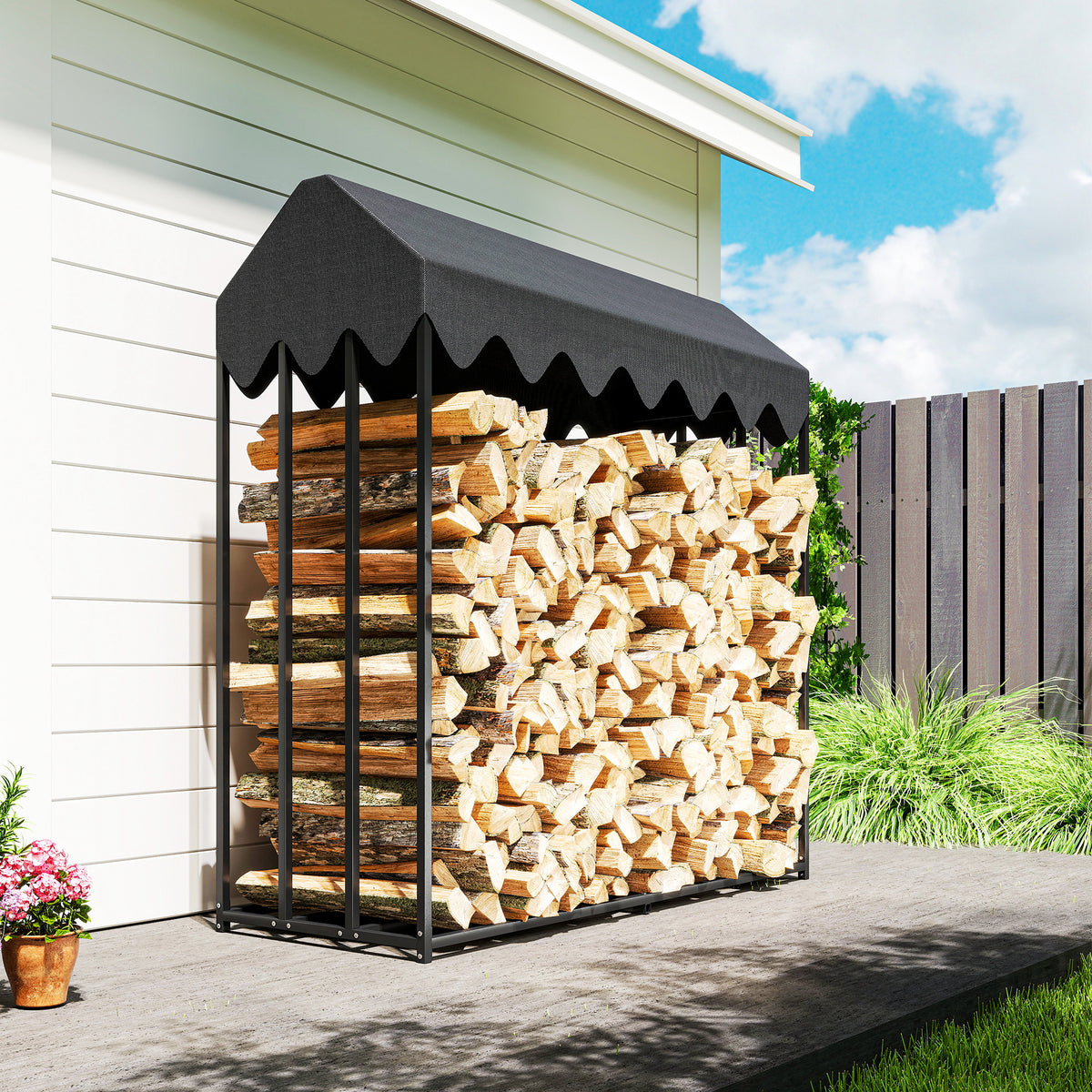 Range bûches extérieur, étagère à bûches avec housse de protection 600D Oxford capacité 1,9 m³, acier 186x70x185cm noir-7