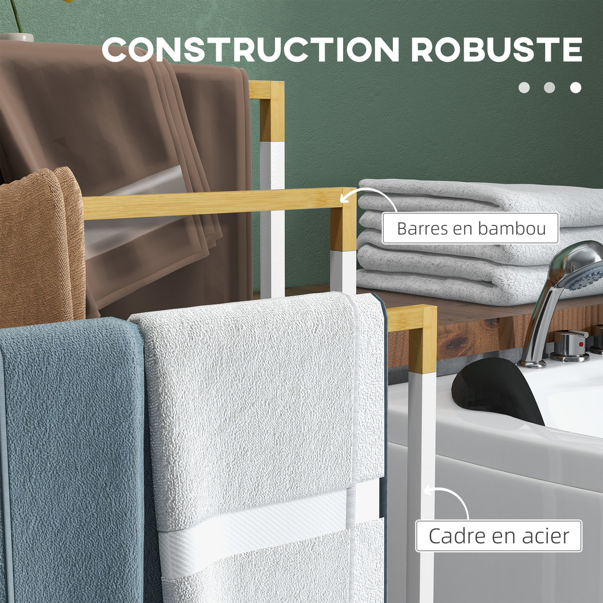 Porte-serviettes en bambou et acier sur pieds avec 3 barres support pour serviette 45 x 22,5 x 86 cm blanc et naturel-4