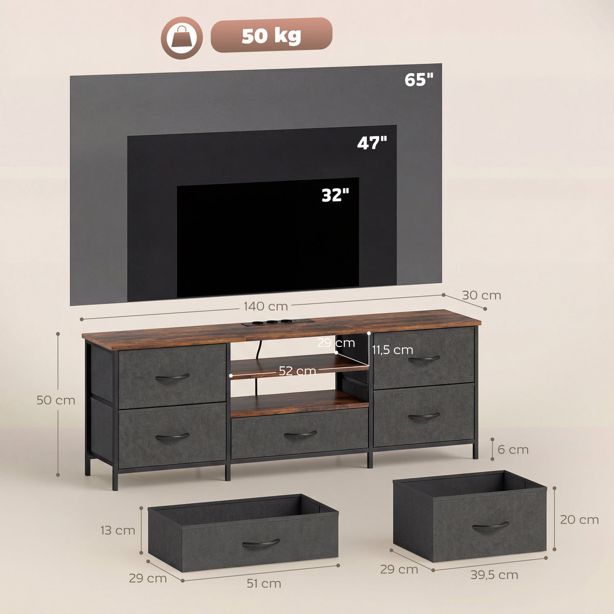 Meuble TV 140 cm, meuble télé 65 pouces, station de charge, 5 tiroirs en tissu, étagères ouvertes, 140x30x50cm, marron-2