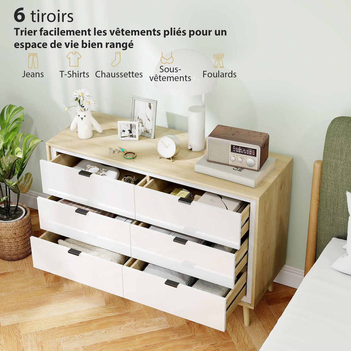 Commode 6 tiroirs, meuble de rangement à haute brillance, 5 pieds en bois, 110 x 40 x 75 cm, blanc et chêne-3