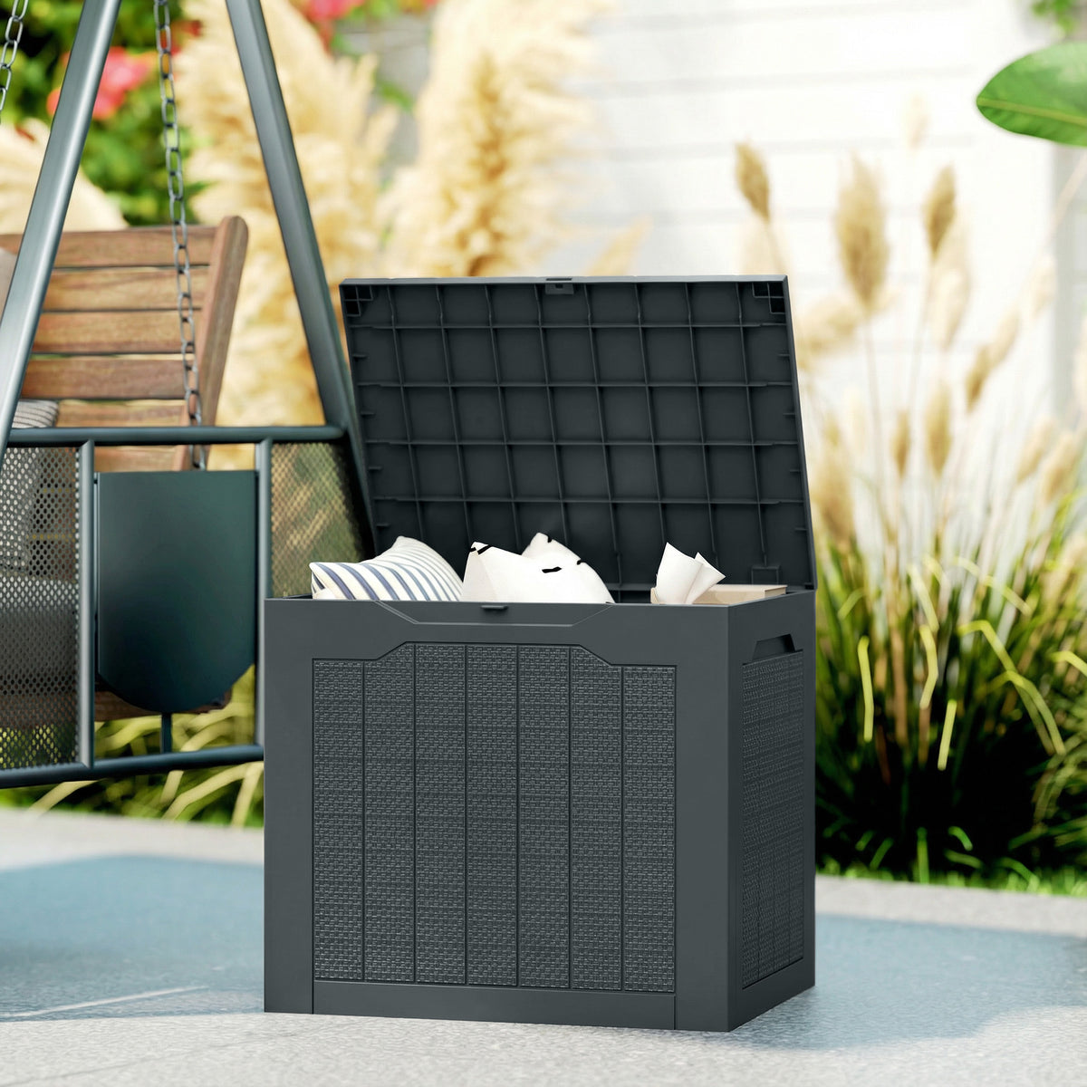 Coffre de rangement extérieur 97L avec poignées encastrées, malle de rangement extérieur étanche 56x41x50cm, gris foncé-1