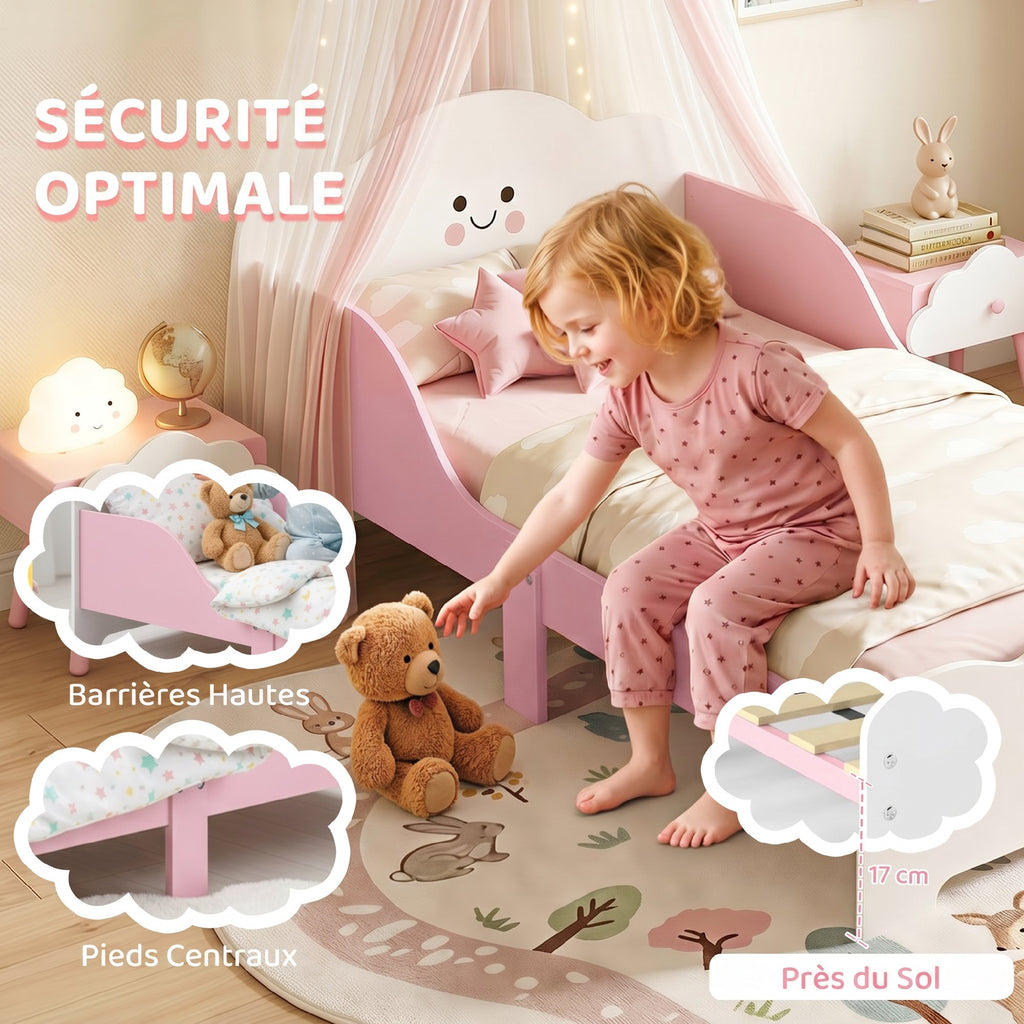 Lit enfant 70 x 140 cm, lit pour enfant avec barriere de securite et sommier à lattes en bois, rose (matelas non inclus)-4