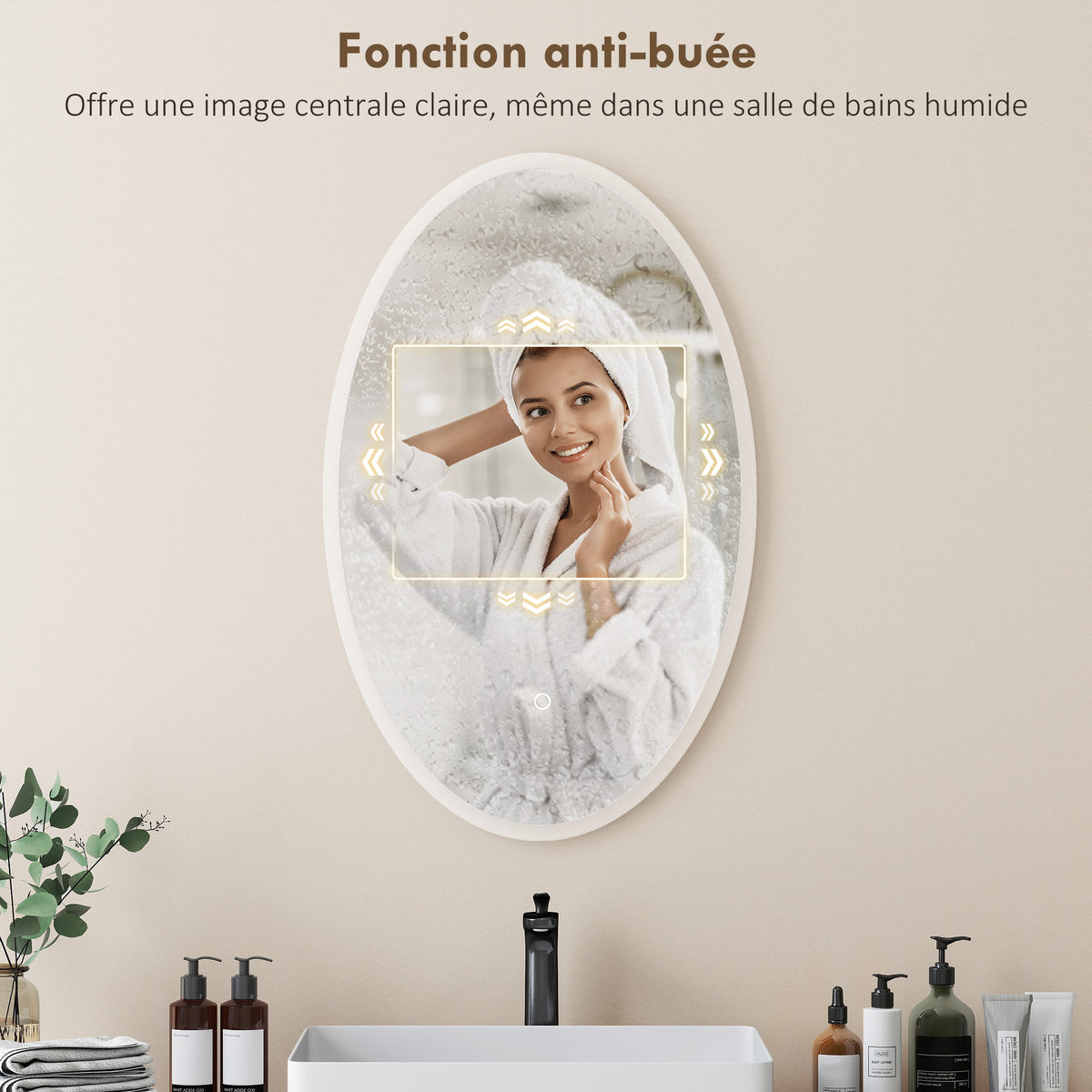 Miroir salle de bain avec éclairage 80 x 50 cm, miroir LED ovale, anti-buée, 3 couleurs lumière, dimmable, transparent-5