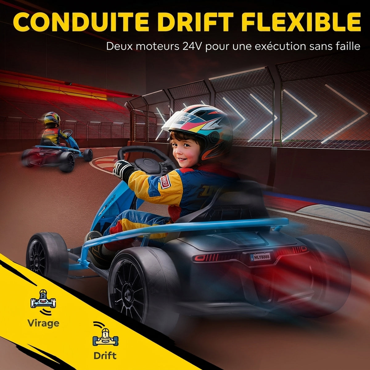 Kart Électrique pour Enfants 24 V, Go Kart avec Mode Drift, 2 Moteurs, Démarrage Progressif, 2 Vitesses 6-13 km/h, Bleu-4