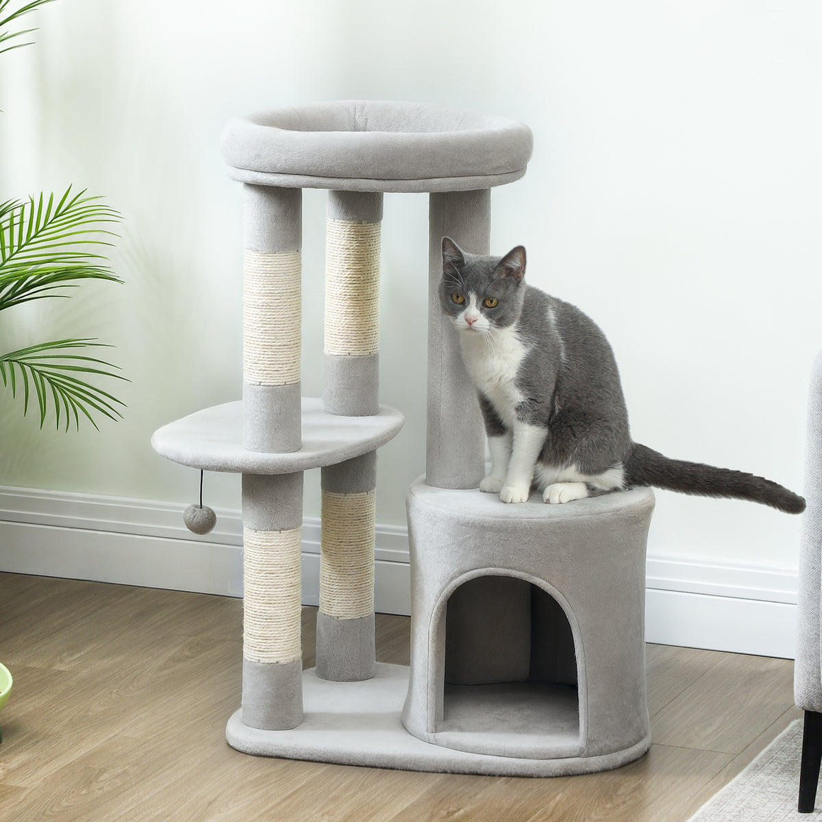 Arbre à chat tour de jeux pour chats griffoirs, plate-forme, niche, balle, tissu peluche, 60 x 45 x 90 cm, gris clair-9
