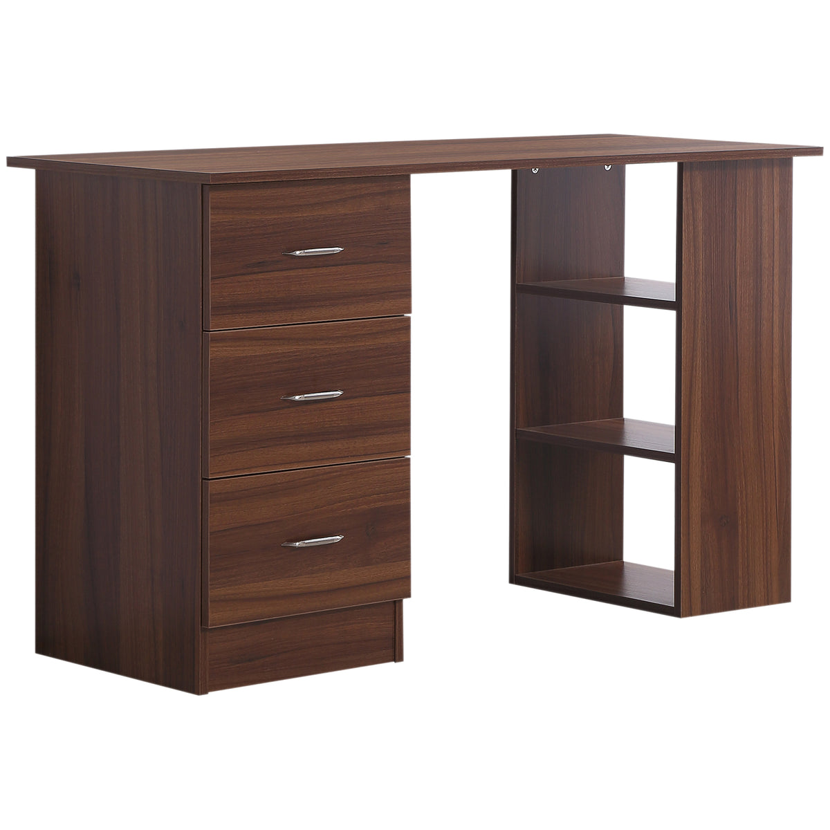 Bureau d'ordinateur avec 3 tiroirs et 3 étagères ouvertes, 120x49x72cm, bureau avec rangement réversible, style moderne, table informatique pour chambre, petit espace, télétravail, noyer-0