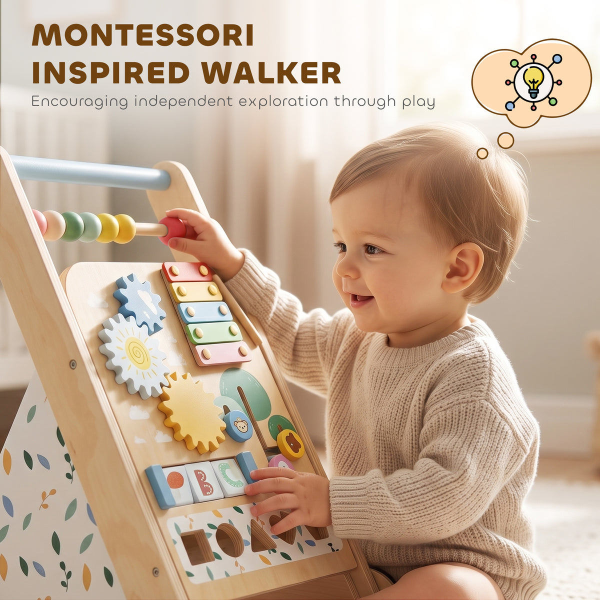 Trotteur Bebe en Bois, Chariot de Marche Bébé avec Centre d'Activités, Vitesse Réglable et 5 Blocs, dès 18 Mois, Naturel-7